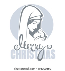 vector illustration of  virgin Mary and her Jesus Christ baby and Merry Christmas lettering composition