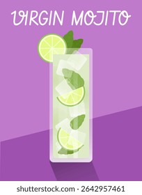 Vector illustration of Virgin Mojito with fresh mint and lime on a purple background. A cool, alcohol-free drink perfect for summer and wellness themes.