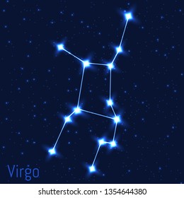 Vector illustration of Virgo constellation. Astronomical Virgin. Zodiac sign. Cluster of realistic stars in the dark blue starry sky.