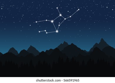 Vector illustration of Virgo constellation on the background of starry sky and night mountain