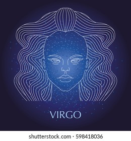 Vector illustration of virgo in the star sky, zodiac sign. Poster, card, print design.