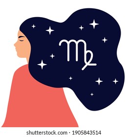 Vector illustration of virgo zodiac sign. Woman or girl in simple style. 
