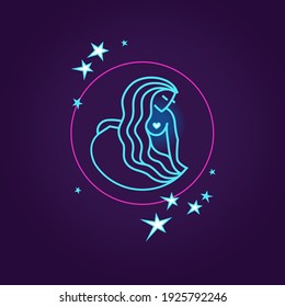 Vector illustration with Virgo Zodiac sign. Dark blue space background. Simple stylized image of the Zodiac symbol Virgo and stars in a circle. Girl, a shining blue contour.