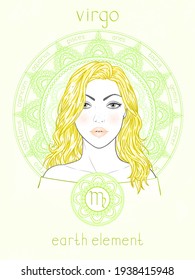 Vector illustration of Virgo zodiac sign, portrait beautiful girl and horoscope circle. Earth element. Mysticism, predictions, astrology. 