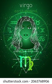 Vector illustration of Virgo zodiac sign, constellation and portrait beautiful girl on abstract background with horoscope circle. Mysticism, esoteric, astrology. Earth element.