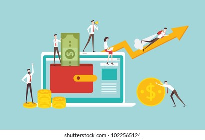 vector illustration of virtual business assistant. flat icon on smartphone is merged all accounts, money, cards investment management. graphic design business concept mobile assistant, mobile banking.