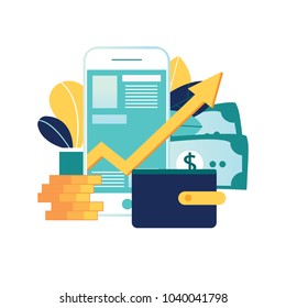 vector illustration of virtual business assistant. flat icon on smartphone is merged all accounts, money, cards investment management. graphic design business concept mobile assistant, mobile banking. vector illustration of virtual business assistant. flat icon on smartphone is merged all accounts, money, cards investment management. graphic design business concept mobile assistant, mobile banking.