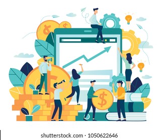 vector illustration of virtual business assistant. flat icon on smartphone is merged all accounts, money, cards investment management.  vector business concept mobile assistant, mobile banking.