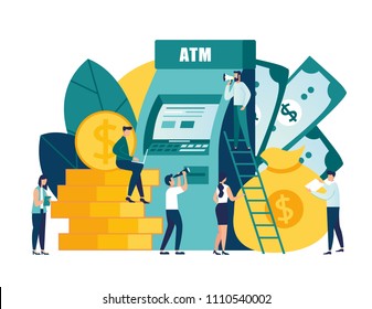 vector illustration virtual business assistant. money, management of investment in cards. concept of graphic design, withdrawal from ATM