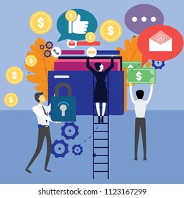 vector illustration of virtual business assistant. flat icon on smartphone is merged all accounts, money, cards investment management. graphic design business concept mobile assistant, mobile banking.