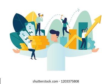 Vector illustration, virtual business assistant. card investment management. graphic design of mobile assistant, moving up, investing money in a project