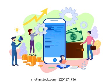Vector illustration of virtual business assistant. flat icon on smartphone is merged all accounts, money, cards investment management. graphic design business concept mobile assistant, mobile banking