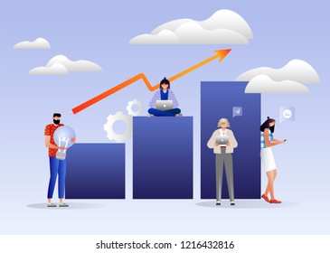 vector illustration of virtual business assistant. group of people characters are thinking over an idea. prepare a business project start up. rise of the career to success marketing, analysis
