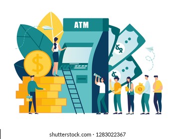 Vector Illustration Virtual Business Assistant. Money, Investment Card Management. Concept Graphic Design, Queue At The ATM, Cash Withdrawal - Vector