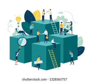 Vector illustration, virtual business assistant. teamwork on performance, brainstorming, card investment management. investing money in a project - vector - vector