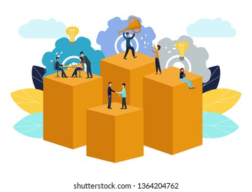 Vector illustration, virtual business assistant. teamwork, brainstorming, new ideas, achieving goals, new victories