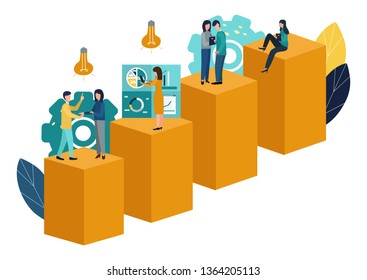 Vector illustration, virtual business assistant. teamwork, brainstorming, new ideas, achieving goals, new victories