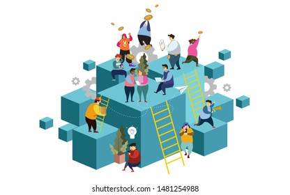 Vector illustration, virtual business assistant. teamwork on performance, brainstorming, card investment management. investing money in a project.
