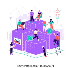 Vector illustration. Virtual business assistant. Teamwork on performance, brainstorming, card investment management. Investing money in a project. Vector. Flat style vector illustration for poster,web