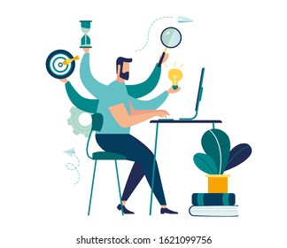 Vector illustration, virtual business assistant. card investment management.  vector,graphic design of mobile assistant, moving up, investing money in a project,multifunctional worker 