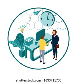 Vector illustration, virtual business assistant. teamwork on performance, brainstorming, card investment management. investing money in a project - vector - vector