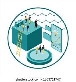 Vector illustration, virtual business assistant. teamwork on performance, brainstorming, card investment management. investing money in a project - vector - vector