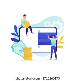 vector illustration of virtual business assistant. flat icon on smartphone is merged all accounts, money, cards investment management. graphic design business concept mobile assistant, mobile banking.