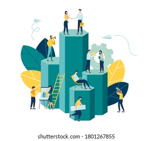 Vector illustration, virtual business assistant. teamwork on performance, brainstorming, card investment management. investing money in a project 