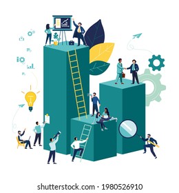 Vector illustration, virtual business assistant chart. Teamwork on productivity, brainstorming investment management. Business group of people characters pondering an idea.Investing money in a project