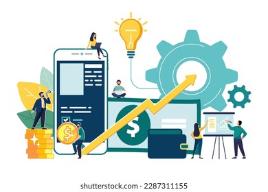 Vector illustration of virtual business assistant.On smartphone is merged all accounts, money, cards investment management.Graphic people, flat design business concept mobile assistant mobile banking 