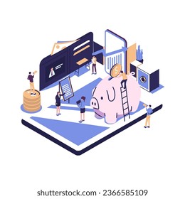 vector illustration of virtual business assistant. flat icon on smartphone is merged all accounts, money, cards investment management. graphic design business vector, mobile banking