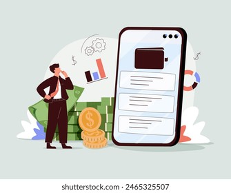 Vektorillustration des Virtual Business Assistant. Flat-Icon auf dem Smartphone wird zusammengeführt alle Account, Geld, Karten-Investment-Management. Grafikdesign Business Vektorgrafik, Mobile Banking