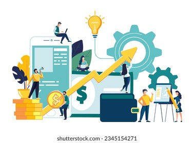 Vector illustration of virtual business assistant.Business people, team.Flat icon on smartphone combined all accounts, money, investment management cards.Graphic design business vector, mobile banking