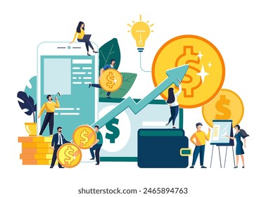 Vector illustration of virtual business assistant.Business people, team.Flat icon on smartphone combined all accounts, money, investment management cards.Graphic design business vector, mobile banking