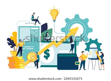 Vector illustration of virtual business assistant.Business people, team.Flat icon on smartphone combined all accounts, money, investment management cards.Graphic design business vector, mobile banking