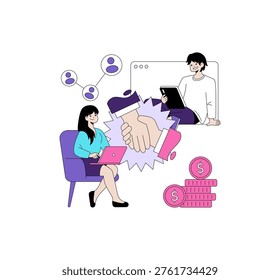 Vector illustration of a virtual business collaboration highlighting a handshake between colleagues. Includes laptop interaction and currency symbols emphasizing financial growth.