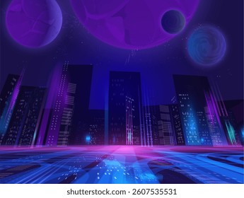 Vector illustration with virtual city skyline in neon violet and blue colors with planets in the sky. Game metaverse. Futuristic night city with skyscrapers. Digital innovation concept.