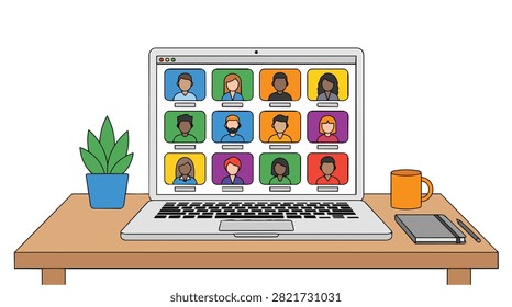 Vector illustration of virtual classroom on laptop screen with teacher and students during online video lesson setup on wooden desk.