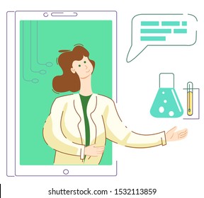 Vector illustration virtual doctor or  laboratory specialist who gives recommendations online from phone. According to presence of flasks and test tubes. Can be used in advertising, web design, banner