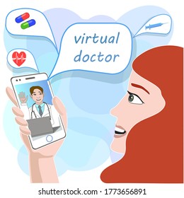 Vector illustration. Virtual doctor. Online consultation. Online treatment. Female patient.