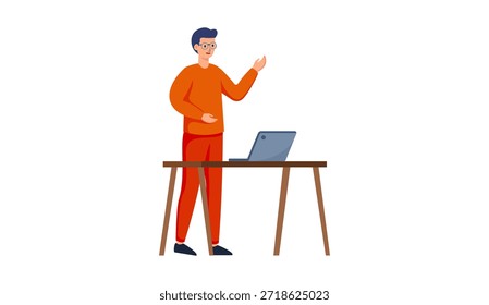 Ilustração vetorial de entrega de material virtual, mostrando um homem apresentando ou explicando o conteúdo on-line usando um notebook. Conceito de design plano de educação online, e-learning, apresentação digital, ensino remoto, webinar e comunicação virtual. 