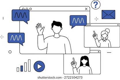 Ilustración vectorial de la interfaz de reunión virtual con personas, iconos y navegadorIlustración vectorial de la interfaz de reunión virtual con personas, iconos y navegador