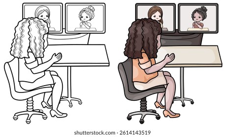 Vector illustration of virtual meeting, online conference, International Women's Day, coloring