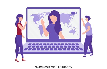 Vector Illustration of Virtual Meeting through Video Conference. Working Online via Video Call. Team Business Metaphor Concept, Flat Design