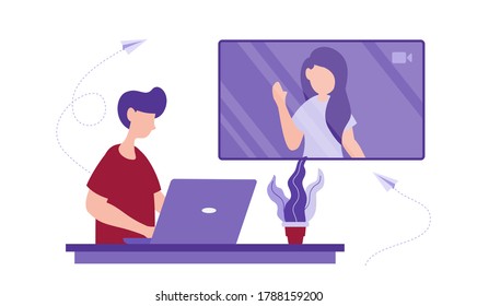 Vector Illustration of Virtual Meeting through Video Conference. Working Online via Video Call. Team Business Metaphor Concept, Flat Design