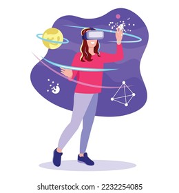 Vector illustration of virtual reality. Cartoon scene with a girl who put on a virtual helmet got into the pixel world on white background.