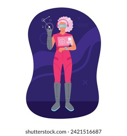 Vector illustration of virtual reality. Cartoon scene of a girl with headphones,glasses and a virtual reality glove,dressed in a pink suit, touching the screen on a white background.Metaverse.
