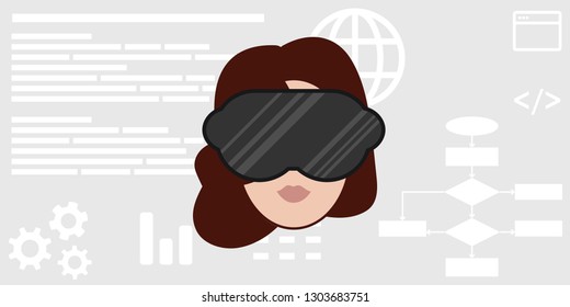 vector illustration of virtual reality mask and woman face for digital world experience