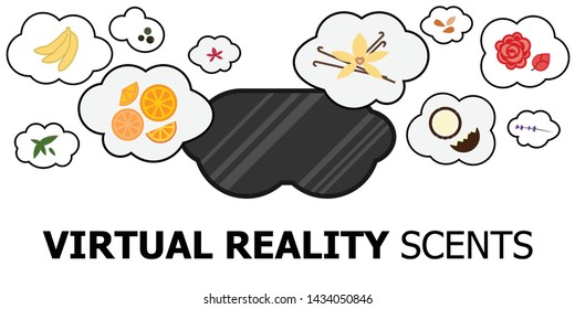 vector illustration of virtual reality mask and clouds with scents for digital smell or olfactory products