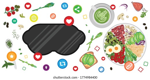 vector illustration of virtual reality mask and foods for using VR for eating experiences